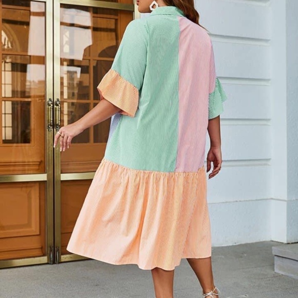 Multicolored SHEIN Colorblock Striped Flounce Sleeve Dress - Picture 2 of 3